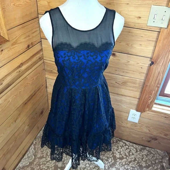 Moulinette Soeurs A-Line Dress Lace Silk Blue Black Fit & Flare Twirl‎ Prom HoCo - Picture 7 of 10